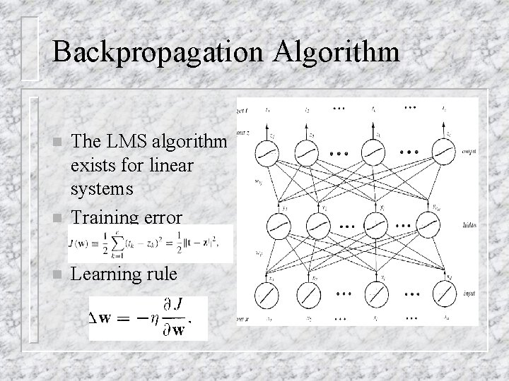 Backpropagation Algorithm n The LMS algorithm exists for linear systems Training error n Learning