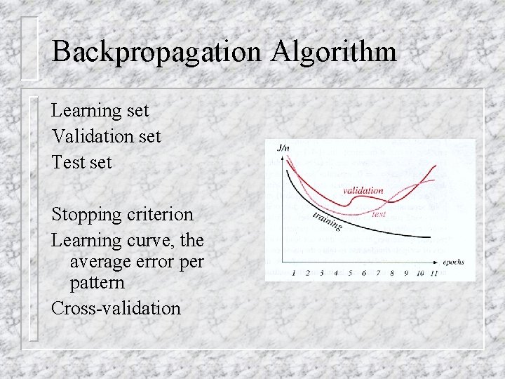 Backpropagation Algorithm Learning set Validation set Test set Stopping criterion Learning curve, the average