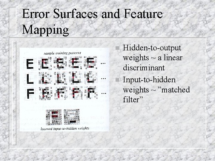 Error Surfaces and Feature Mapping n n Hidden-to-output weights ~ a linear discriminant Input-to-hidden