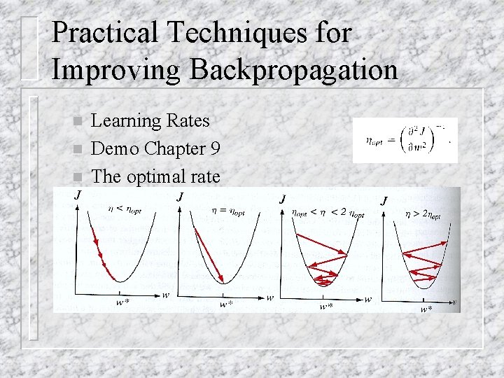 Practical Techniques for Improving Backpropagation n Learning Rates Demo Chapter 9 The optimal rate