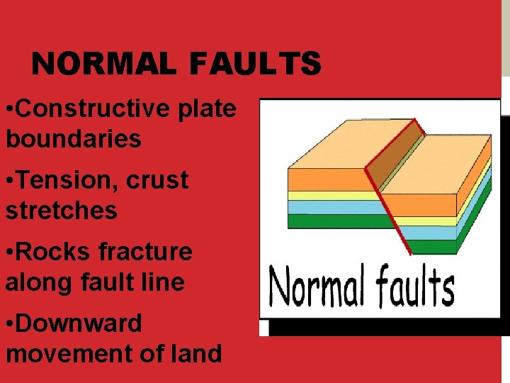 NORMAL FAULTS • Constructive plate boundaries • Tension, crust stretches • Rocks fracture along