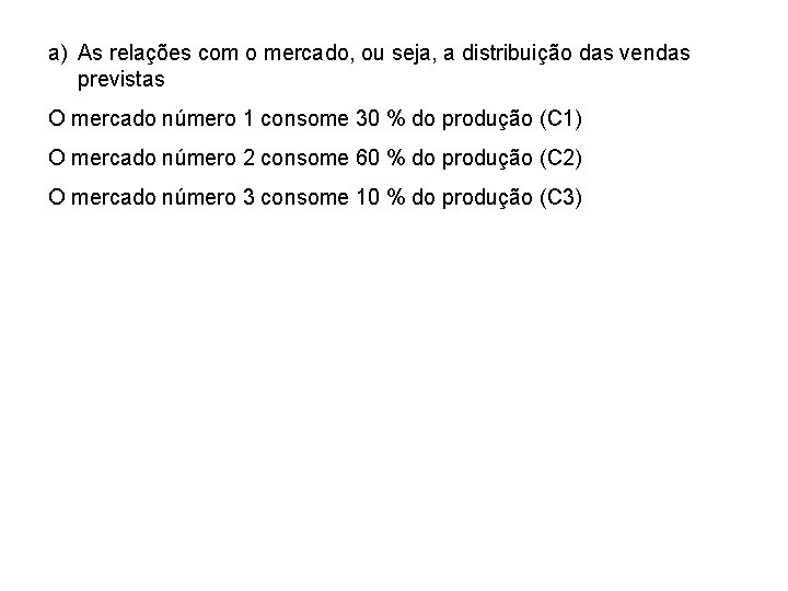 a) As relações com o mercado, ou seja, a distribuição das vendas previstas O a) As relações com o mercado, ou seja, a distribuição das vendas previstas O