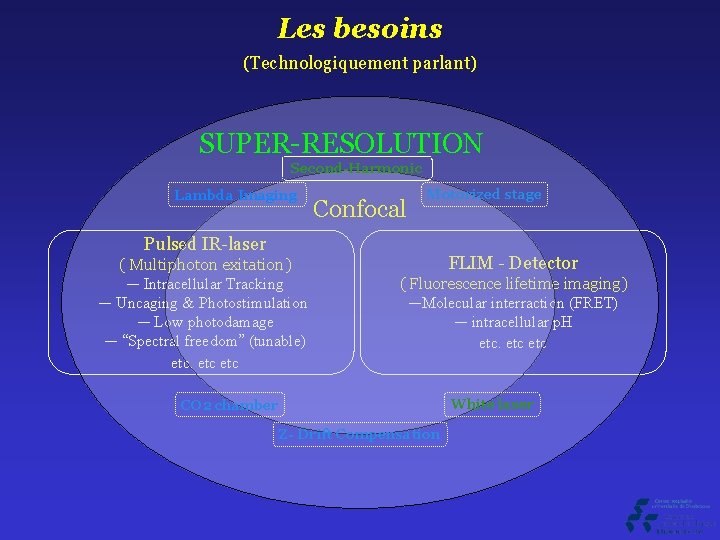 Les besoins (Technologiquement parlant) SUPER-RESOLUTION Second-Harmonic Lambda Imaging Confocal Motorized stage Pulsed IR-laser (