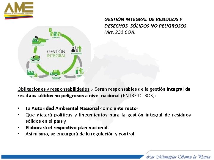 GESTIÓN INTEGRAL DE RESIDUOS Y DESECHOS SÓLIDOS NO PELIGROSOS (Art. 231 COA) Obligaciones y