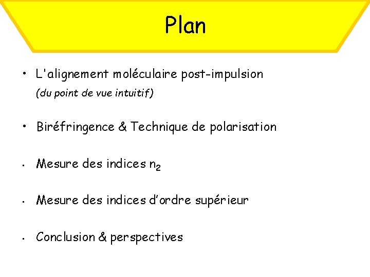 Plan • L'alignement moléculaire post-impulsion (du point de vue intuitif) • Biréfringence & Technique