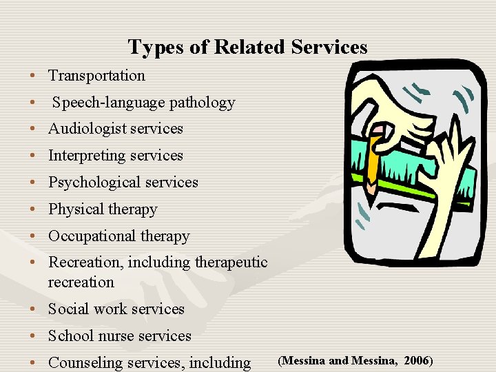 Types of Related Services • Transportation • Speech-language pathology • Audiologist services • Interpreting Types of Related Services • Transportation • Speech-language pathology • Audiologist services • Interpreting