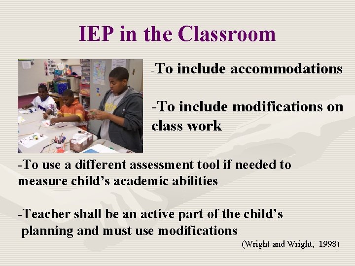 IEP in the Classroom - To include accommodations -To include modifications on class work