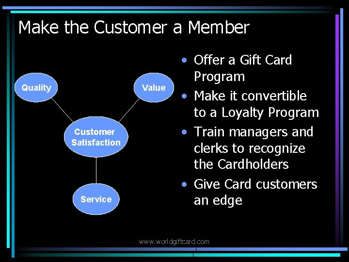 Make the Customer a Member Quality Value Customer Satisfaction Service • Offer a Gift