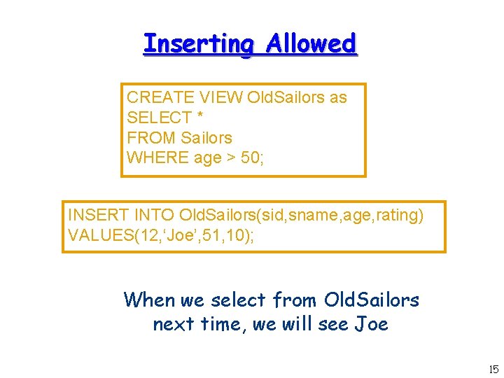 Inserting Allowed CREATE VIEW Old. Sailors as SELECT * FROM Sailors WHERE age >