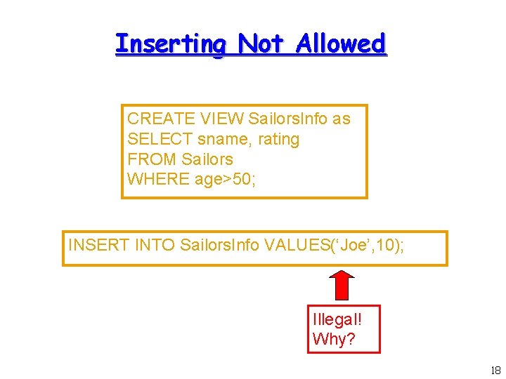 Inserting Not Allowed CREATE VIEW Sailors. Info as SELECT sname, rating FROM Sailors WHERE