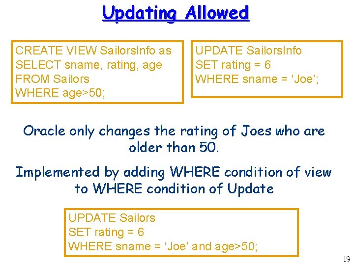 Updating Allowed CREATE VIEW Sailors. Info as SELECT sname, rating, age FROM Sailors WHERE