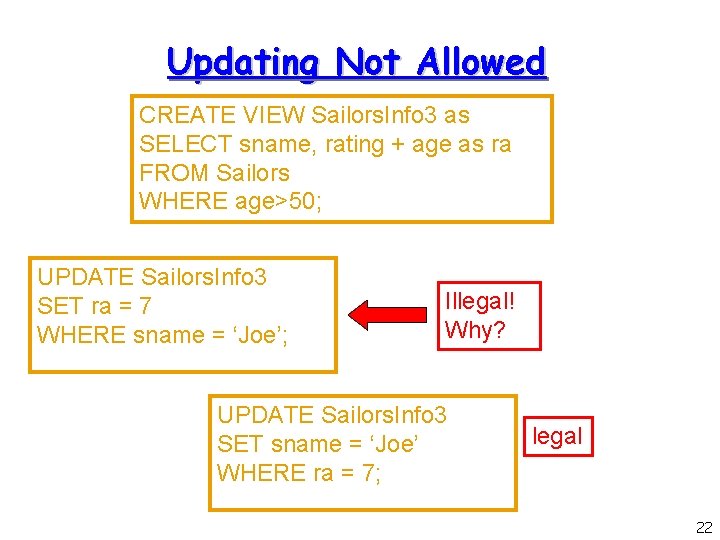 Updating Not Allowed CREATE VIEW Sailors. Info 3 as SELECT sname, rating + age