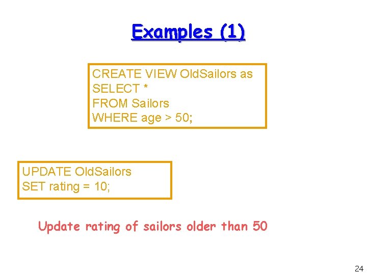 Examples (1) CREATE VIEW Old. Sailors as SELECT * FROM Sailors WHERE age >