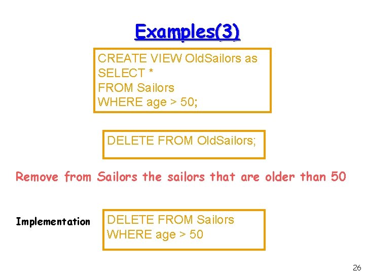 Examples(3) CREATE VIEW Old. Sailors as SELECT * FROM Sailors WHERE age > 50;