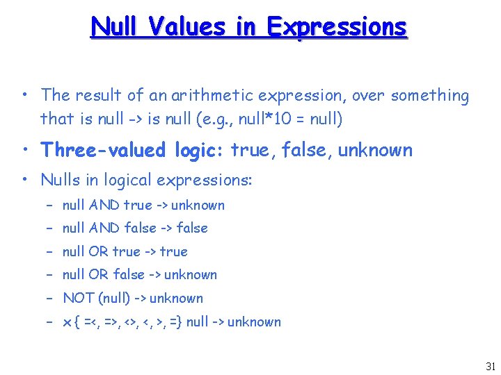 Null Values in Expressions • The result of an arithmetic expression, over something that