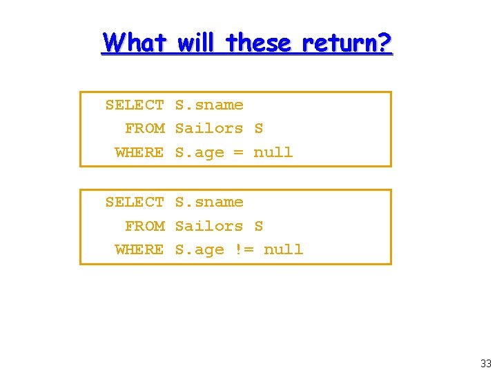 What will these return? SELECT S. sname FROM Sailors S WHERE S. age =