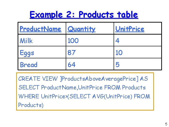 Example 2: Products table Product. Name Quantity Unit. Price Milk 100 4 Eggs 87