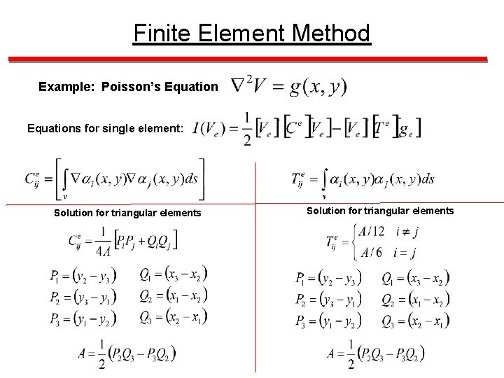 Finite Element Method Example: Poisson’s Equations for single element: Solution for triangular elements 