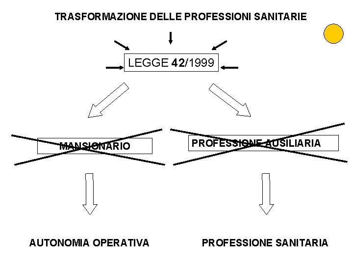 TRASFORMAZIONE DELLE PROFESSIONI SANITARIE LEGGE 42/1999 MANSIONARIO AUTONOMIA OPERATIVA PROFESSIONE AUSILIARIA PROFESSIONE SANITARIA 