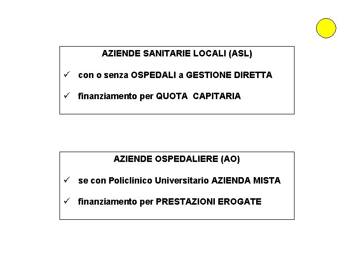 AZIENDE SANITARIE LOCALI (ASL) ü con o senza OSPEDALI a GESTIONE DIRETTA ü finanziamento