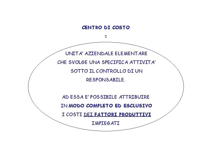 CENTRO DI COSTO = UNITA’ AZIENDALE ELEMENTARE CHE SVOLGE UNA SPECIFICA ATTIVITA’ SOTTO IL