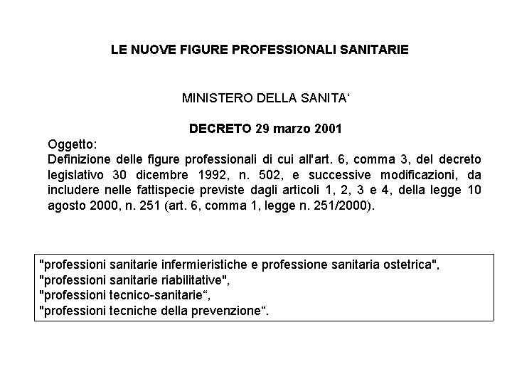 LE NUOVE FIGURE PROFESSIONALI SANITARIE MINISTERO DELLA SANITA‘ DECRETO 29 marzo 2001 Oggetto: Definizione
