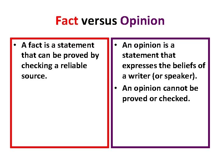 Fact versus Opinion • A fact is a statement that can be proved by