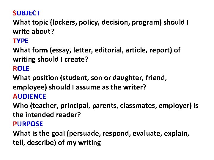 SUBJECT What topic (lockers, policy, decision, program) should I write about? TYPE What form