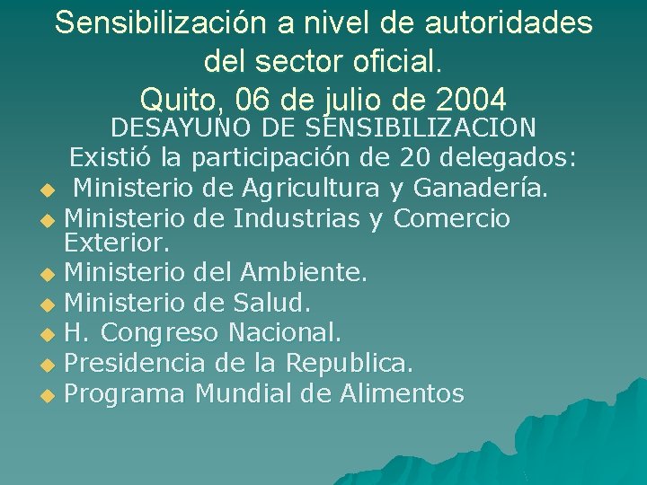 Sensibilización a nivel de autoridades del sector oficial. Quito, 06 de julio de 2004