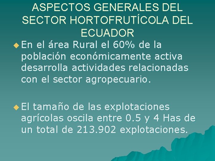 ASPECTOS GENERALES DEL SECTOR HORTOFRUTÍCOLA DEL ECUADOR u En el área Rural el 60%