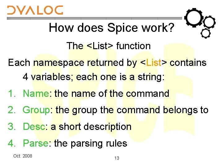 How does Spice work? The <List> function Each namespace returned by <List> contains 4