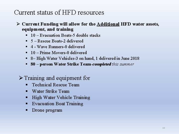 Current status of HFD resources Ø Current Funding will allow for the Additional HFD
