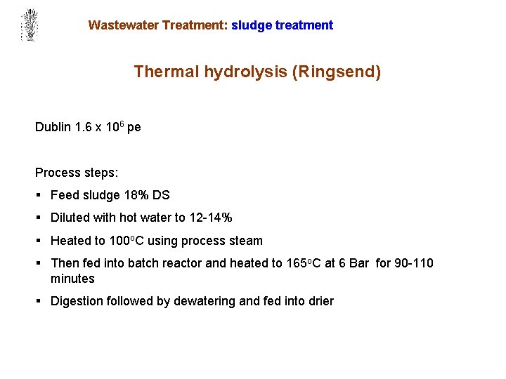 Wastewater Treatment: sludge treatment Thermal hydrolysis (Ringsend) Dublin 1. 6 x 106 pe Process