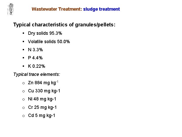 Wastewater Treatment: sludge treatment Typical characteristics of granules/pellets: § Dry solids 95. 3% §
