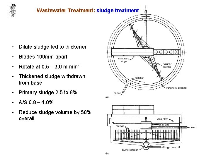 Wastewater Treatment: sludge treatment • Dilute sludge fed to thickener • Blades 100 mm