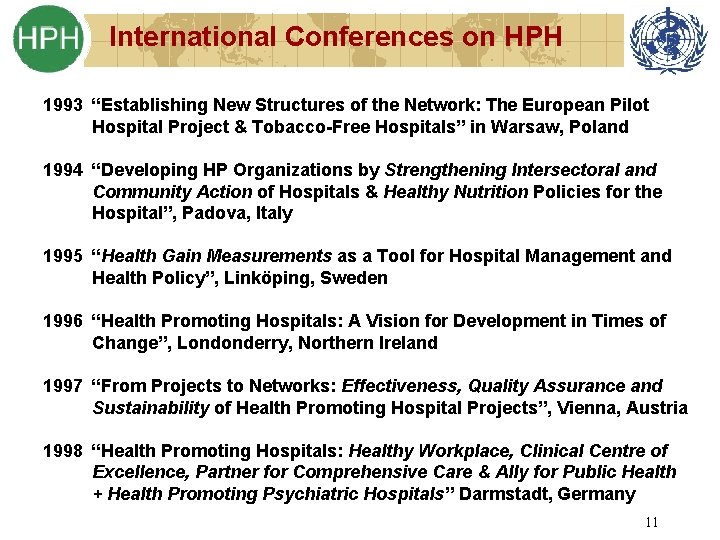 International Conferences on HPH 1993 “Establishing New Structures of the Network: The European Pilot