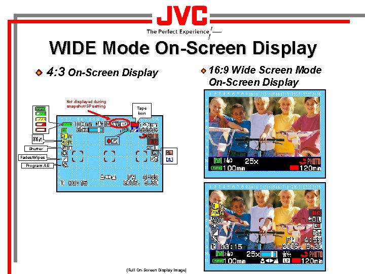 WIDE Mode On-Screen Display 4: 3 On-Screen Display Not displayed during snapshot/SP setting 16: