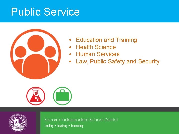 Public Service • • Education and Training Health Science Human Services Law, Public Safety Public Service • • Education and Training Health Science Human Services Law, Public Safety