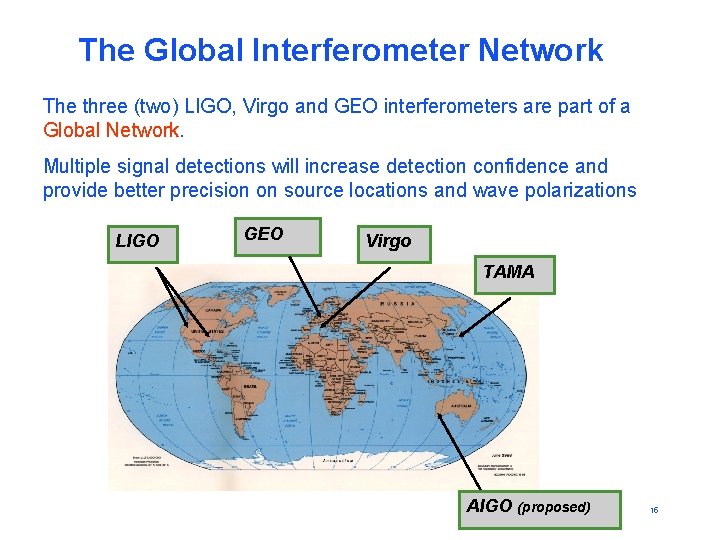 The Global Interferometer Network The three (two) LIGO, Virgo and GEO interferometers are part