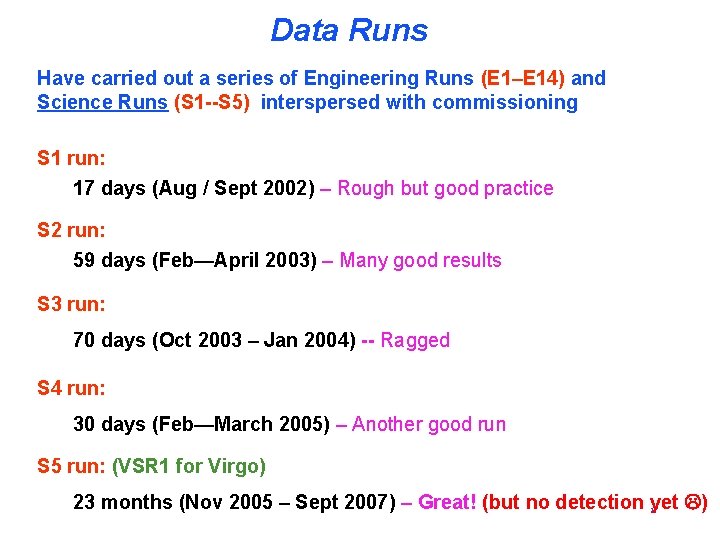 Data Runs Have carried out a series of Engineering Runs (E 1–E 14) and