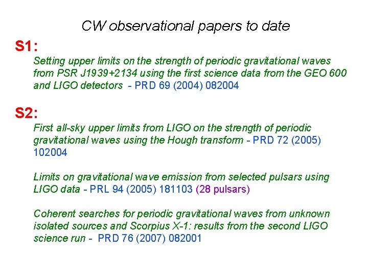 CW observational papers to date S 1: Setting upper limits on the strength of