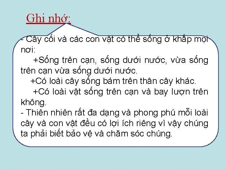 Ghi nhớ: - Cây cối và các con vật có thể sống ở khắp