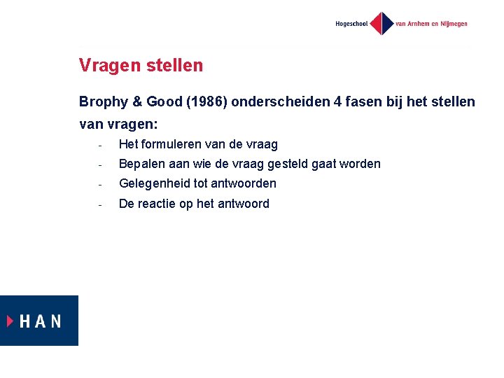 Vragen stellen Brophy & Good (1986) onderscheiden 4 fasen bij het stellen van vragen: Vragen stellen Brophy & Good (1986) onderscheiden 4 fasen bij het stellen van vragen: