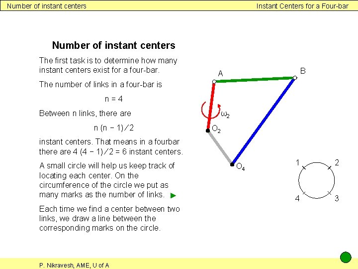 Number of instant centers Instant Centers for a Four-bar Number of instant centers The