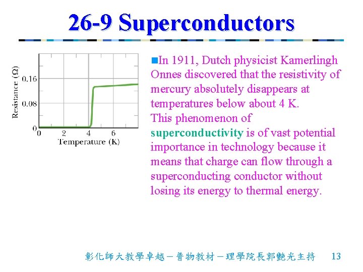 26 -9 Superconductors n. In 1911, Dutch physicist Kamerlingh Onnes discovered that the resistivity 26 -9 Superconductors n. In 1911, Dutch physicist Kamerlingh Onnes discovered that the resistivity