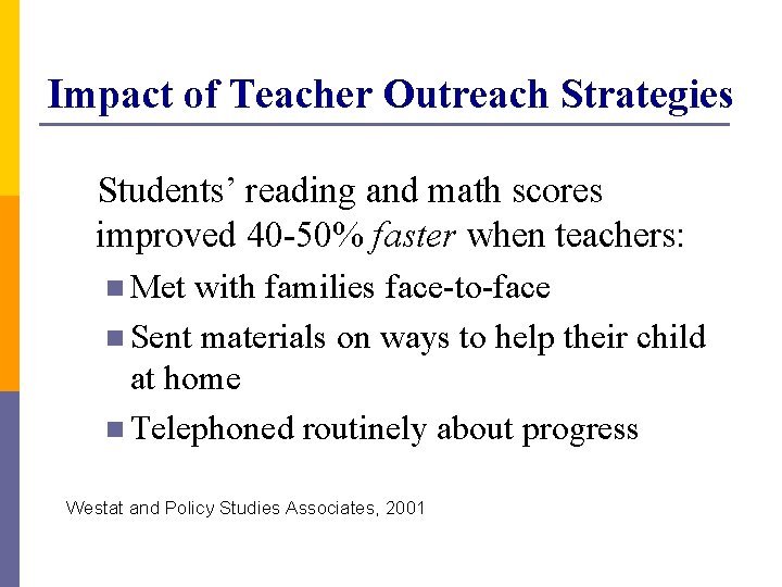 Impact of Teacher Outreach Strategies Students’ reading and math scores improved 40 -50% faster