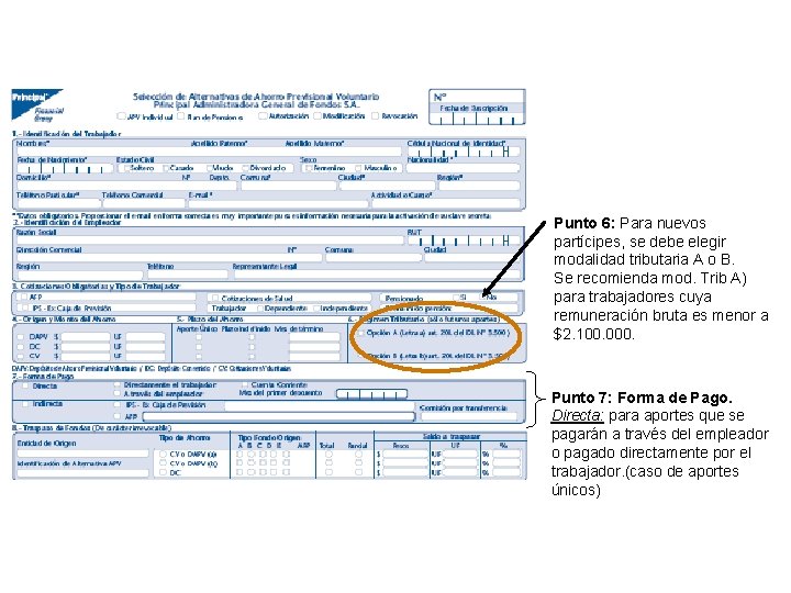 Punto 6: Para nuevos partícipes, se debe elegir modalidad tributaria A o B. Se