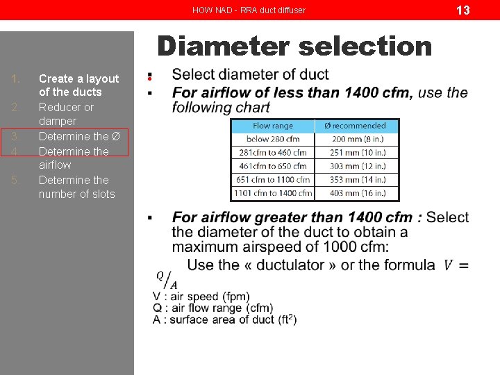 HOW NAD - RRA duct diffuser Diameter selection 1. 2. 3. 4. 5. Create