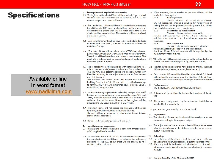 HOW NAD - RRA duct diffuser Specifications Available online In word format www. nadklima.