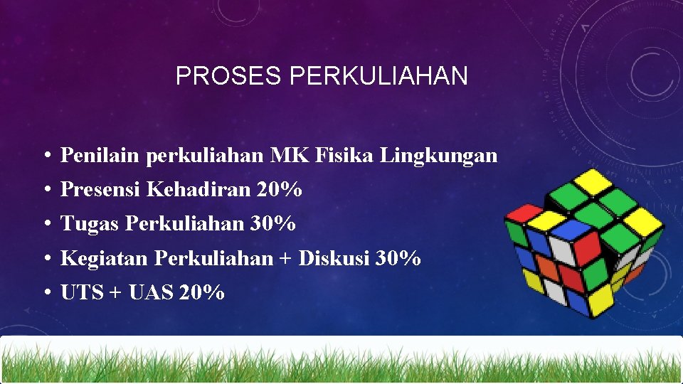 PROSES PERKULIAHAN • • • Penilain perkuliahan MK Fisika Lingkungan Presensi Kehadiran 20% Tugas